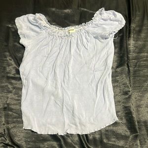 off the shoulder blue cropped shirt